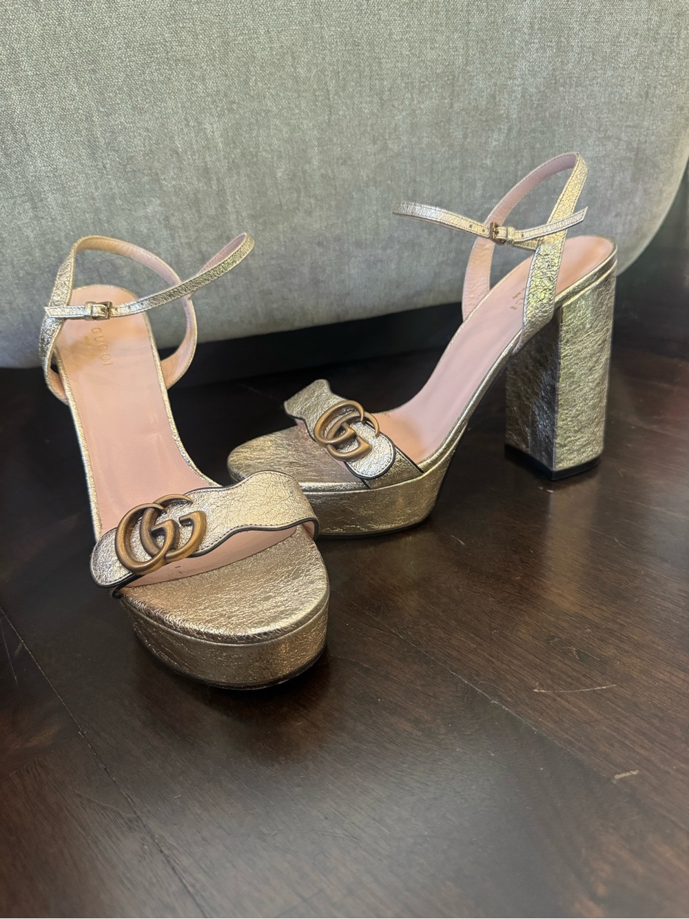 Gucci Gold Metallic Block Heel Platform Sandals with Double G